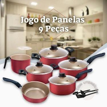 Imagem de Conjunto de Panelas 09 Peças Cereja Antiaderente Teflon com Tampa de Vidro + Utensílios