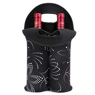 Imagem de Bolsa térmica de neoprene para garrafa de vinho da Hipiwe com 2 garrafas, bolsa de champanhe, garrafa de cerveja, bolsa protetora para viagens, encontros, festas, acampamento (1 peça preta com padrão de flores)