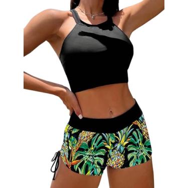 Imagem de KIFOVEN Biquíni feminino de cintura alta com estampa retrô, frente única, frente única, 2 peças, Preto, M