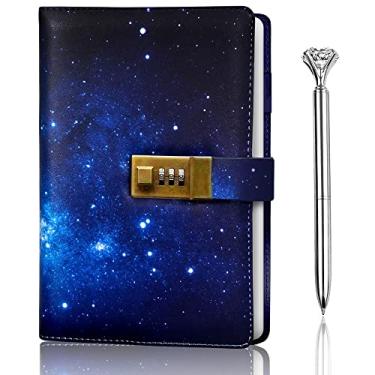 Imagem de Design de galáxia azul brilhante com fecho, diário com cadeado com caneta, diário de bloqueio com couro PU, caderno com cadeado tamanho A5, diário bloqueado, diários com fechaduras, bloqueio de diário