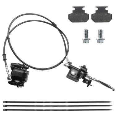 Imagem de PRO BAT Sistema de freio a disco hidráulico esquerdo Conjunto de pinça de cilindro mestre de freio ATV com pastilhas de freio para 50cc 70cc 90cc 110cc 125cc 4 Wheeler Quad Bike ATV Buggy Go-Kart,