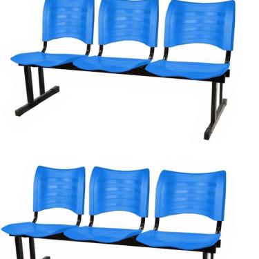 Imagem de Kit Com 2 Cadeiras Longarina Plástica 03 Lugares Cor Azul Mas