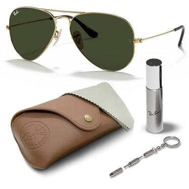 Imagem de Ray-Ban RB3025 Classic HAVANA Collection Óculos de sol em forma de aviador com kit de óculos - Almofadas de nariz ajustáveis - Óculos de sol retrô formais e casuais ideais, Armação dourada polida