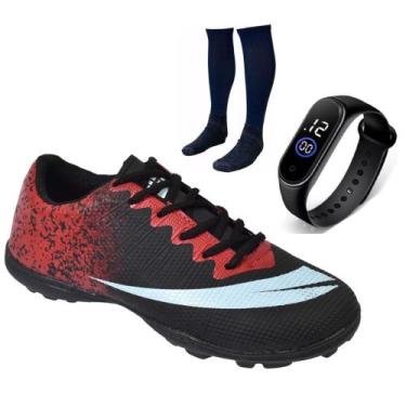 Imagem de Chuteira Society Adulto Infantil MEIÃO RELOGIO - Perflex, Preto vermel