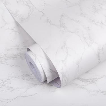 Imagem de Papel de contato de mármore para bancadas, papel de parede de 45 cm × 299 cm, papel de parede branco cinza autoadesivo e removível, papel de parede de granito texturizado para armários móveis