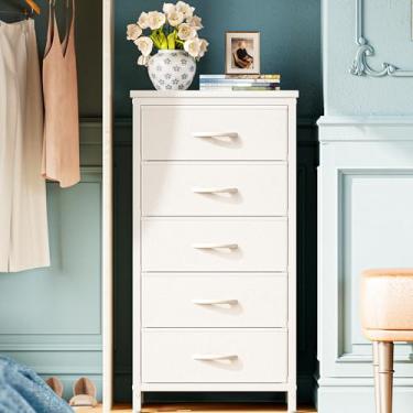 Imagem de Huuger Cômoda alta para quarto, cômoda com 5 gavetas e cômodas, para armário, quarto, mesa de cabeceira, mesa de canto com moldura de metal, torre de armazenamento com caixas de tecido, couro PU