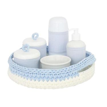 Imagem de Kit Higiene Crochê Com 6 Peças e Garrafa Pequena Azul Quarto Bebê Infa