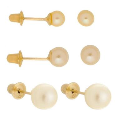 Imagem de Kit 3 Brincos Pérolas Natural 3mm 4mm 5mm Em Ouro 18k 750 - AEA Caribe