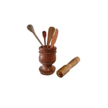 Imagem de Kit Culinário De Pau Madeira Pilão Colher Espátula Faquinha - Colheres
