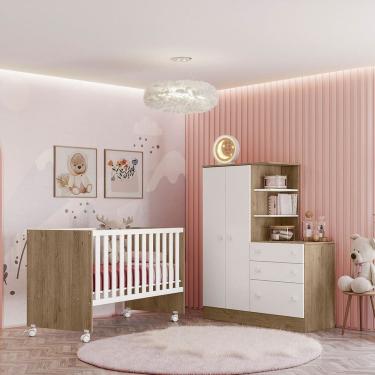 Imagem de Jogo De Quarto Completo Infantil Bebê Guarda Roupa Com Cômoda 2 Portas 3 Gavetas Berço 4 Rodízios C/ Colchão 4070 / 3540 Doce Sonho