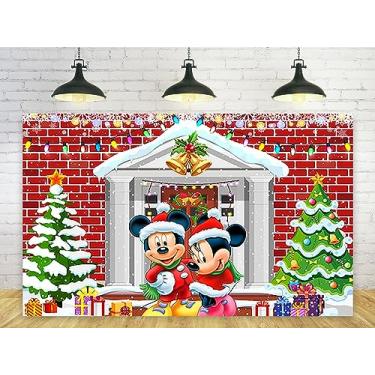 Imagem de Pano de fundo de Natal para Mickey Mouse Decorações de festa de Natal fundo de árvore de Natal para decorações de mesa de bolo de festa Faixa tema de Natal 1,5 x 0,9 m