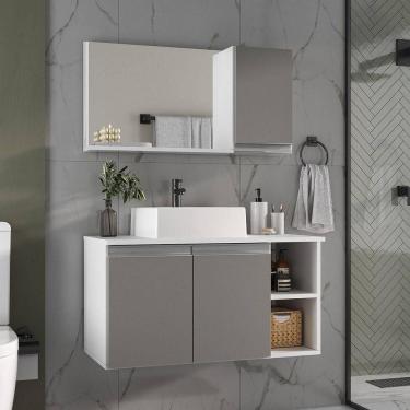 Imagem de Conjunto Gabinete Banheiro Virtus 80cm Gabinete + Cuba + Espelheira Branco Cinza