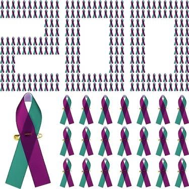 Imagem de Misdary 200 peças de fita de conscientização sobre prevenção do suicídio, broche de cetim em massa, roxo, azul-petróleo, alfinetes de conscientização sobre agressão sexual com alfinetes de segurança para mulheres e homens, suprimentos de campanha de caridade pública, Poliéster, Ferro