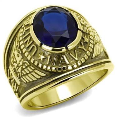 Imagem de Anel masculino de aço inoxidável 316 azul safira oval CZ larga prata ouro preto da marinha dos Estados Unidos, pedra preciosa, Zircônia cúbica
