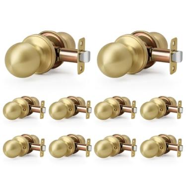 Imagem de LOQRON Pacote com 10 maçanetas de porta com design de bola de ouro escovado, sem trava, sem trava, formato redondo, para corredor/armário, acabamento em latão acetinado