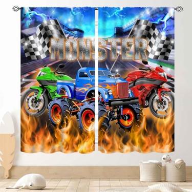 Imagem de Cortinas de carro de corrida, monstro legal, desenho animado, caminhão, chama, colorido, estádio de corrida, blackout para janela, tratamentos para meninos, crianças, quarto de bebê, sala de estar,