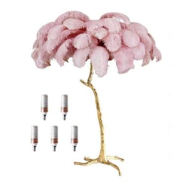 Imagem de Luminária de pé romântica moderna de penas para quarto, sala de estar, luminária de chão de penas de avestruz natural, corpo de lâmpada dourada, regulável com interruptor de pé