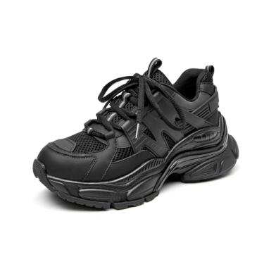 Imagem de BEAU TODAY Tênis feminino com plataforma grossa, de couro de camurça, grosso, confortável, moderno, casual, antiderrapante, cadarço, caminhada, corrida, tênis, Preto, 35