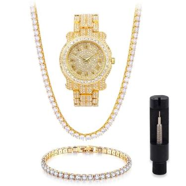 Imagem de Techno Pave Relógio masculino com mostrador romano de diamante gelado de 45 mm, Conjunto de 3 peças de ouro, 9 Inch