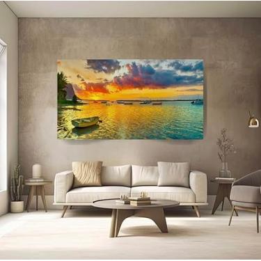 Imagem de Quadro Sala Barcos Praia Paisagem 100x70 Decorativo Grande Cor Colorido Armação Impresso Nas Laterais