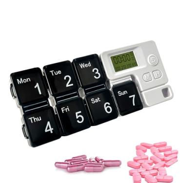 Imagem de Organizador de 7 Days Pill Dispenser com Alarm de Lembrança,Daily Medicine Dispenser,Portable Weekly Pill Box,Viajar vitaminas óleos de peixe pequenos suplementos Caso de Medicina (Black)