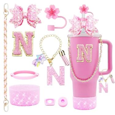 Imagem de 9 peças de acessórios de copo Stanley Bling para copo de 850 g e copo de 1134 g com alça, incluindo pingentes de iniciais, alça de couro, decoração de laço de palha, capa de cobertura de palha, bota,