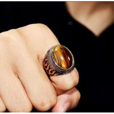 Imagem de Gixaxak Anel banhado a ouro 18 K incrustado oval natural marrom olho de tigre anéis feitos à mão joia retrô de alto polimento presente para homens anel de pedra olho de tigre retrô grande anel
