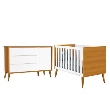 Imagem de Jogo de Quarto Infantil Theo Retrô Cômoda 1 Porta e Berço com Pés Amadeirado - Reller Móveis Branco/Savana
