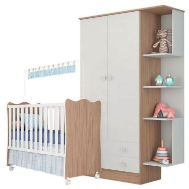 Imagem de Berço E Guarda Roupa Doce Sonho Com Nicho Qmovi Branco Brilho Amadeirado