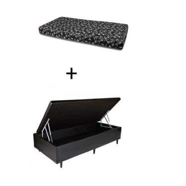 Imagem de Cama Box Baú Solteiro 88 - Bello Box Tecido Sintético Preto com Colchão New York Preto D28 - 100% Espuma - 54x88x188