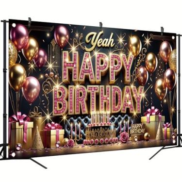 Imagem de Starlit Patio Faixa de fundo de feliz aniversário para mulheres, meninas, decorações de festa de feliz aniversário, grande, faixa de balão de feliz aniversário, fundo fotográfico, 1,8 x 1,1 m