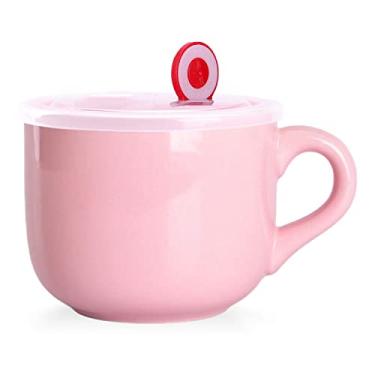 Imagem de WHJY Canecas de sopa de cerâmica simples com tampa, copos de sopa de 650 ml com alça, tigela de aveia para micro-ondas caneca de café com tampa e alça para leite, chá, frutas, sorvete de cereal café - rosa