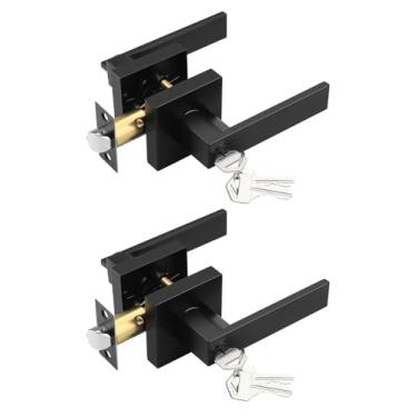 Imagem de Tinewa 2 maçanetas quadradas para porta de entrada com fechadura e chave, maçanetas de porta de entrada pretas foscas, para portas externas ou internas, quarto, escritório, hotel (cada uma com 3