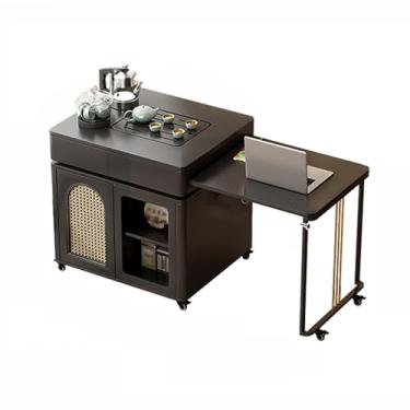 Imagem de Mesa de Chá Mesa de chá de pedra extensível, mesa de jantar, carrinho de chá móvel, sala de estar, mesa de chá multifuncional doméstica Mesa Lateral(Preto)
