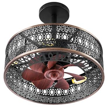 Imagem de REDSTAR - Ventiladores de teto industriais gaiaulados com luzes, pequeno ventilador de teto preto com luz e controlo remoto, luz de ventilador de teto para sala de estar, câmara e cozinha