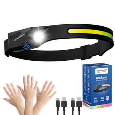 Imagem de Lanterna de cabeça recarregável, farol de LED à prova d'água para adultos, faixa de cabeça de 230° para testa, sensor de movimento, faixa de lâmpada de cabeça USB, 350 lúmens, super brilhante, 5