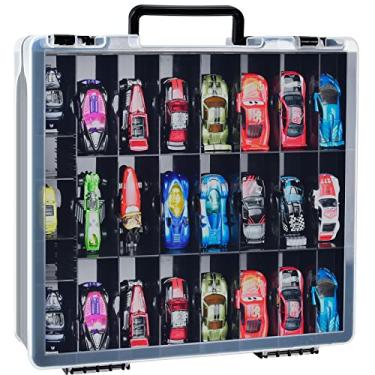 Imagem de Caixa organizadora de armazenamento de brinquedos de dupla face para carro Hot Wheels, para carros de caixa de fósforos, para mini brinquedos, para bonecas pequenas. Caixa de transporte porta-contêiner com 48 compartimentos - preto (apenas caixa)