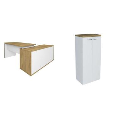 Imagem de Kit 2 Peças Com Escrivaninha Em L Com Porta De Correr E Armário Alto Multiuso Olmo/branco