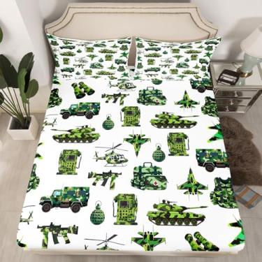 Imagem de jejeloiu Jogo de lençol casal com tema de tanque de guerra, camuflagem de aeronave e militar, para meninos, meninas, adolescentes, militares, para decoração de quarto verde e respirável