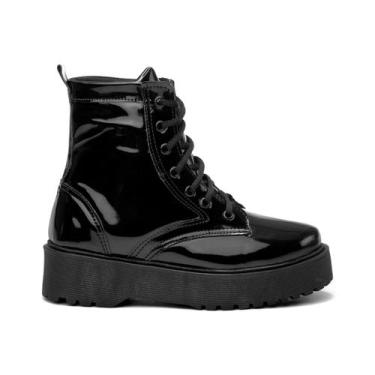 Imagem de Bota Atikkos Coturno Solado Tratorado Casual Feminino, Preto verniz, 3