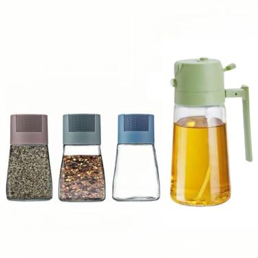 Imagem de Conjunto de 4 pulverizadores de azeite de oliva e potes de tempero de vidro para cozinhar, dispensador de azeite 2 em 1 para utensílios de cozinha, fritadeira a ar, salada e churrasco, recipiente de