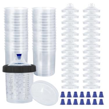 Imagem de JOYFUL&HOPEFUL Forros e tampas de pistola de pulverização de tinta descartáveis, 590 ml (600 ml) Kit de 30 - 30 forros, 30 tampas com filtro de 125 mícrons, 1 copo rígido com anel de retenção, 15
