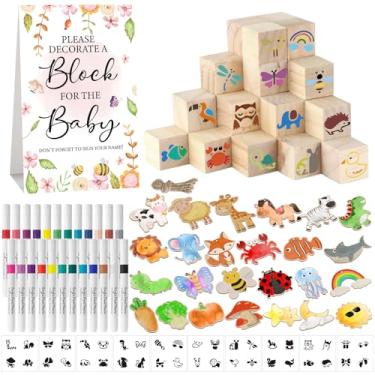 Imagem de Conjunto de 142 placas para chá de bebê, inclui quadrados decorativos, 52 blocos de madeira em branco, faça você mesmo, 24 marcadores de tinta, 25 animais de madeira (flor)