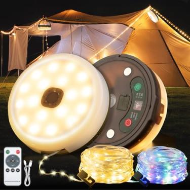 Imagem de 2 peças de luzes para acampamento, corda de luzes 4 em 1 para acampamento ao ar livre (10 m) com 8 modos de iluminação, luz recarregável por USB com controle remoto para acampamento, quintal e