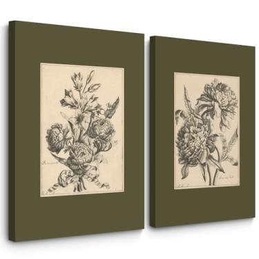 Imagem de Pôster em tela floral verde sálvia floral vintage botânico decoração de parede peônia imagens verde escuro pintura de desenho floral antigo para quarto sala de estar 40 x 60 cm pronto para pendurar