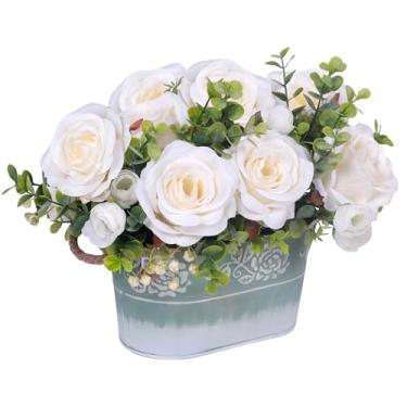 Imagem de Arranjo de flores de rosas artificiais para mesa de centro de mesa, flores de seda branca de fazenda com eucalipto em metal galvanizado rústico Po Peça central floral sintética para mesa de jantar