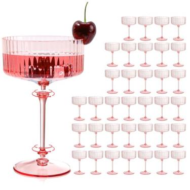 Imagem de XUWAIDSGN 50 peças de copos de champanhe martini 255 g copos cupê removíveis rosa copos de martini de plástico mimosa conjunto de copos vintage para aniversário de casamento (50, rosa canelado)