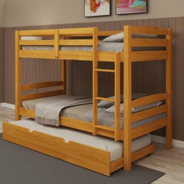 Imagem de Beliche Solteiro com Cama Auxiliar de Solteiro de Madeira Maciça com Escada e Grade de Proteção Cor Mel