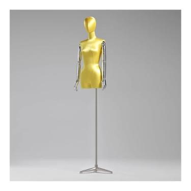 Imagem de Torso de manequim feminino de seda com suporte de metal prateado, cabeça giratória removível e braço de manequim, altura ajustável de 47 a 84 pol.(Yellow)