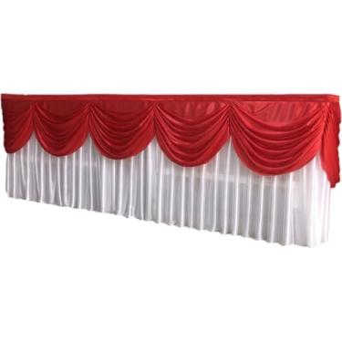 Imagem de Saia de mesa de seda gelada, cabeça de cortina para bolo de casamento, avental para mesa, saia de mesa para sinal de aniversário, cabeça de cortina para mesa, branco e vermelho, comprimento 300 cm x